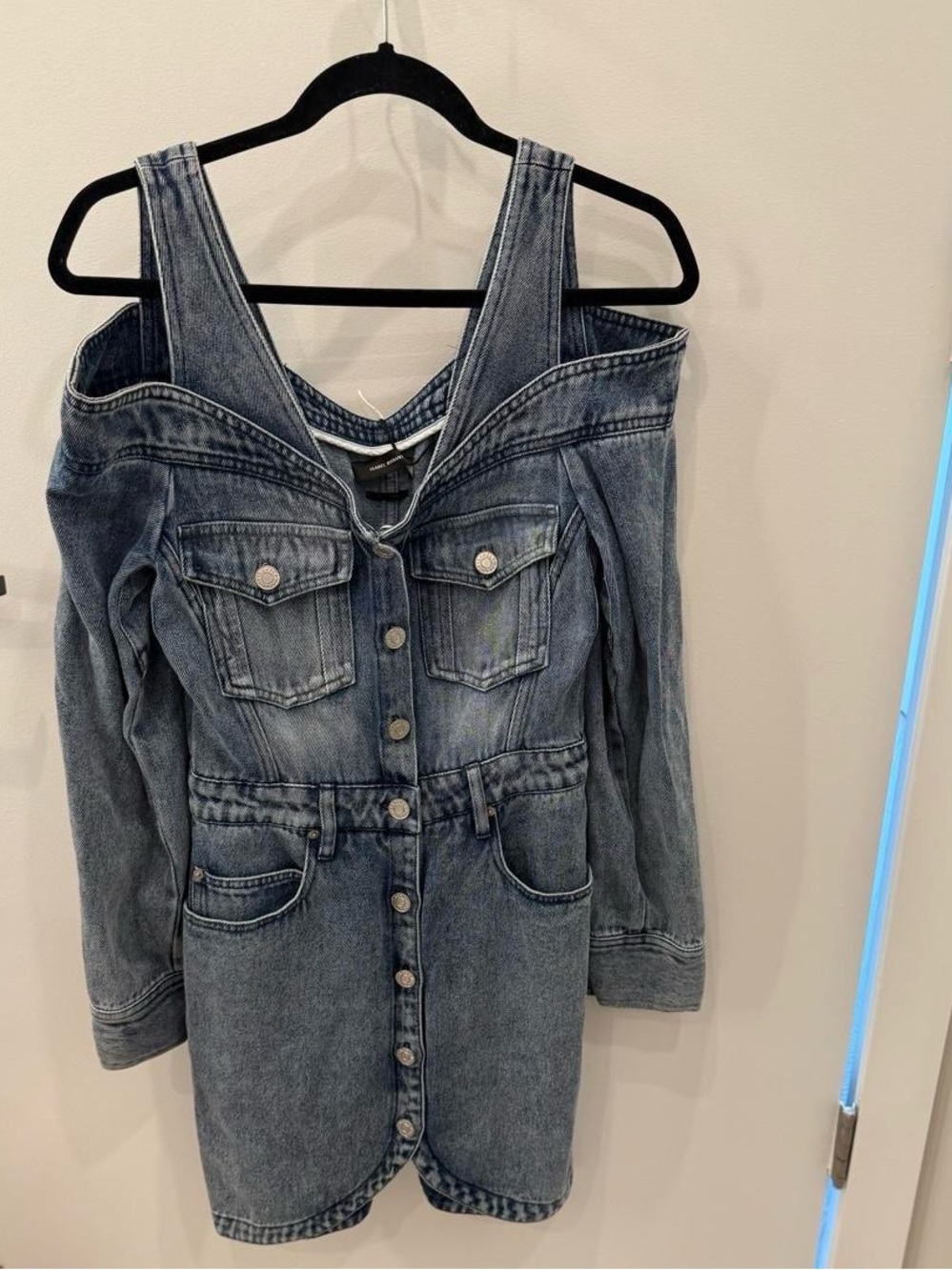 Isabel Marant NWT Women’s Pelona Cold-Shoulder Denim Mini Dress “Light Blue” - Picture 2 of 9